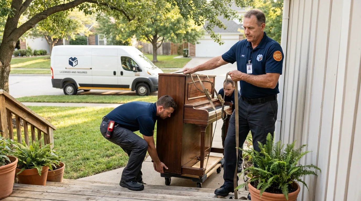 Licensed piano movers securing grand piano in Carson City, MI